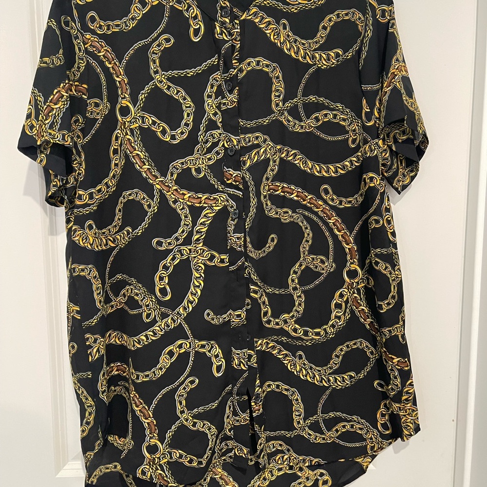 Women’s Black Button-Up Shirt with Gold Chain Print